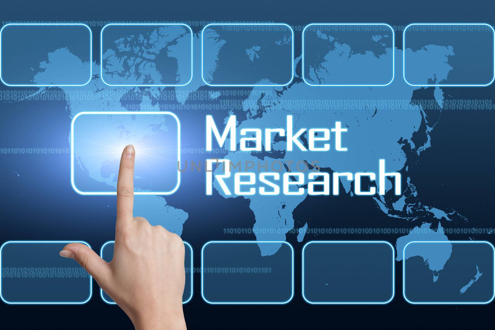 Market Research concept with interface and world map on blue background
