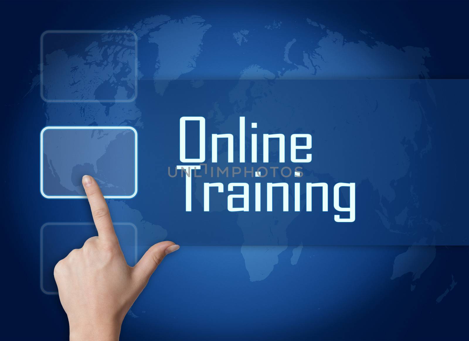 Online Training concept with interface and world map on blue background