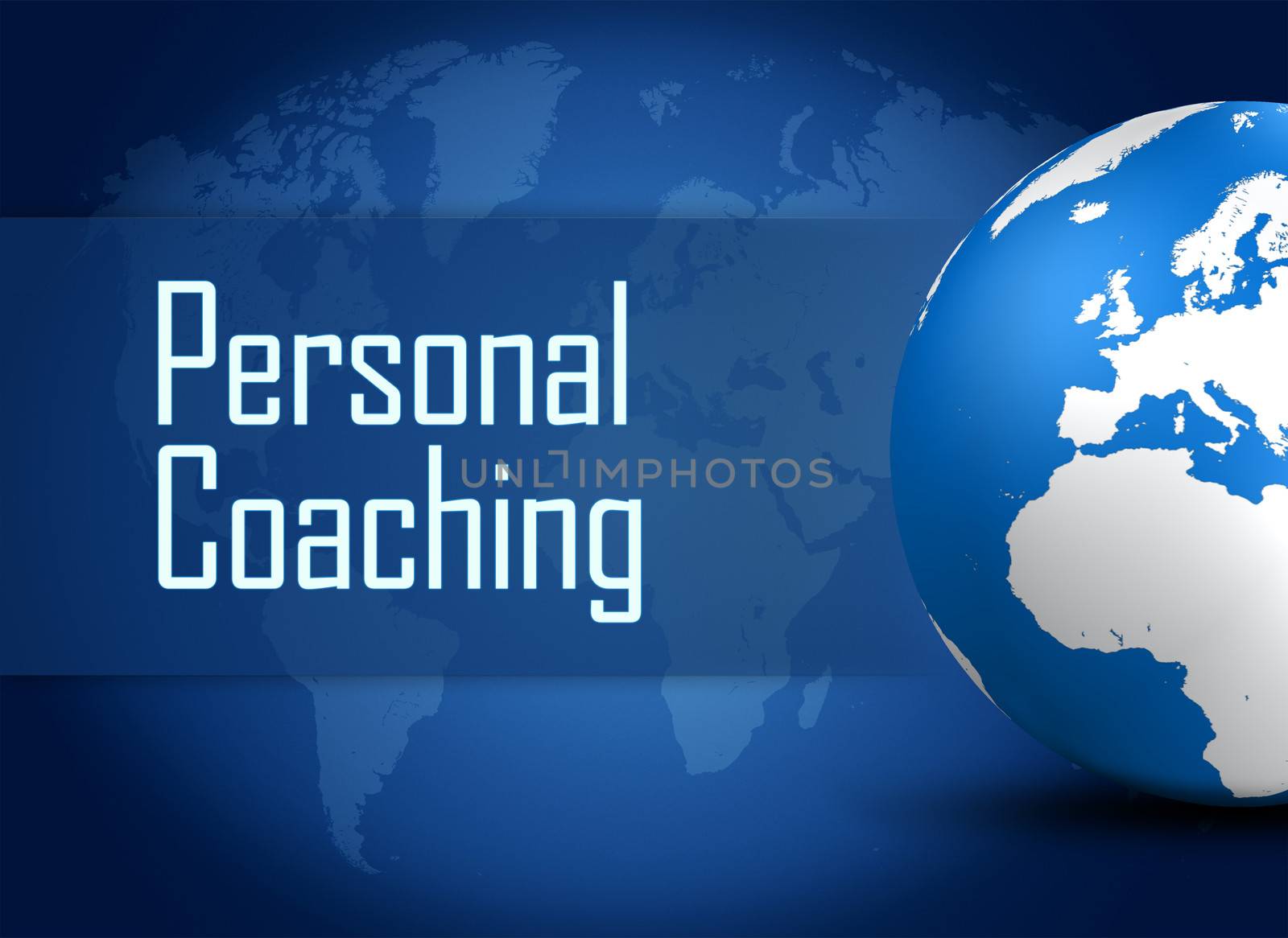 Personal Coaching concept with globe on blue background