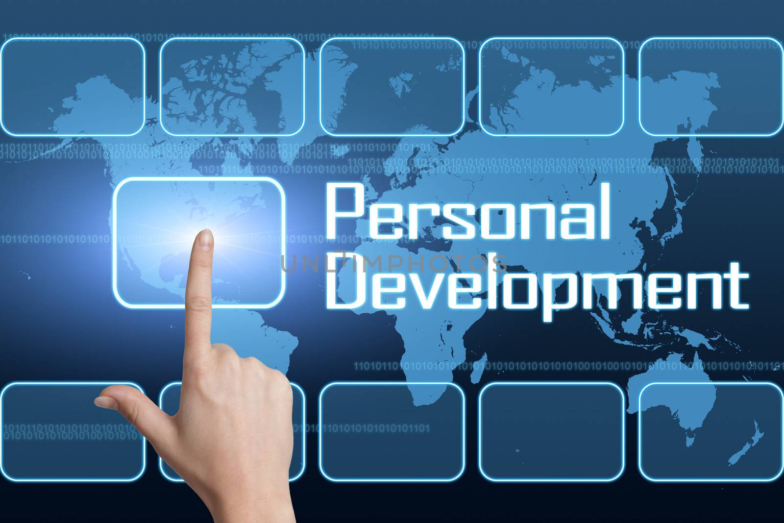 Personal Development concept with interface and world map on blue background