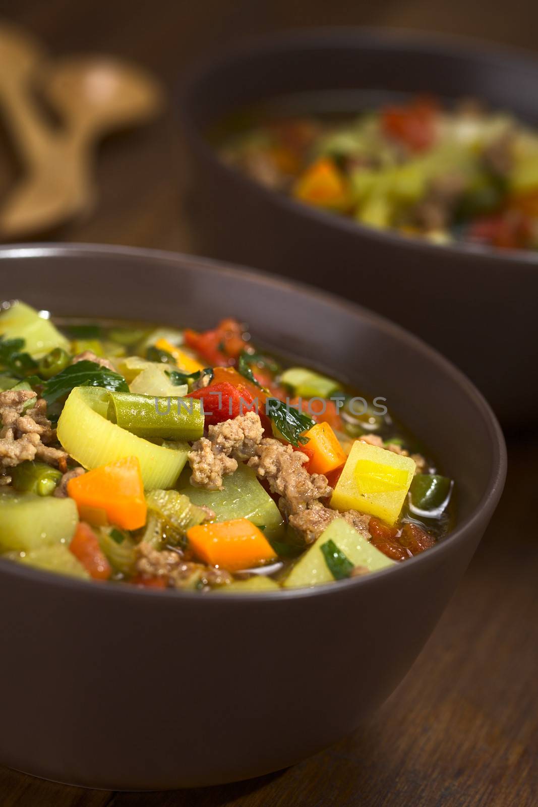 Vegetable soup with mincemeat, green bean, potato, leek, carrot, tomato and parsley served in brown bowls (Selective Focus, Focus in the middle of the soup) 