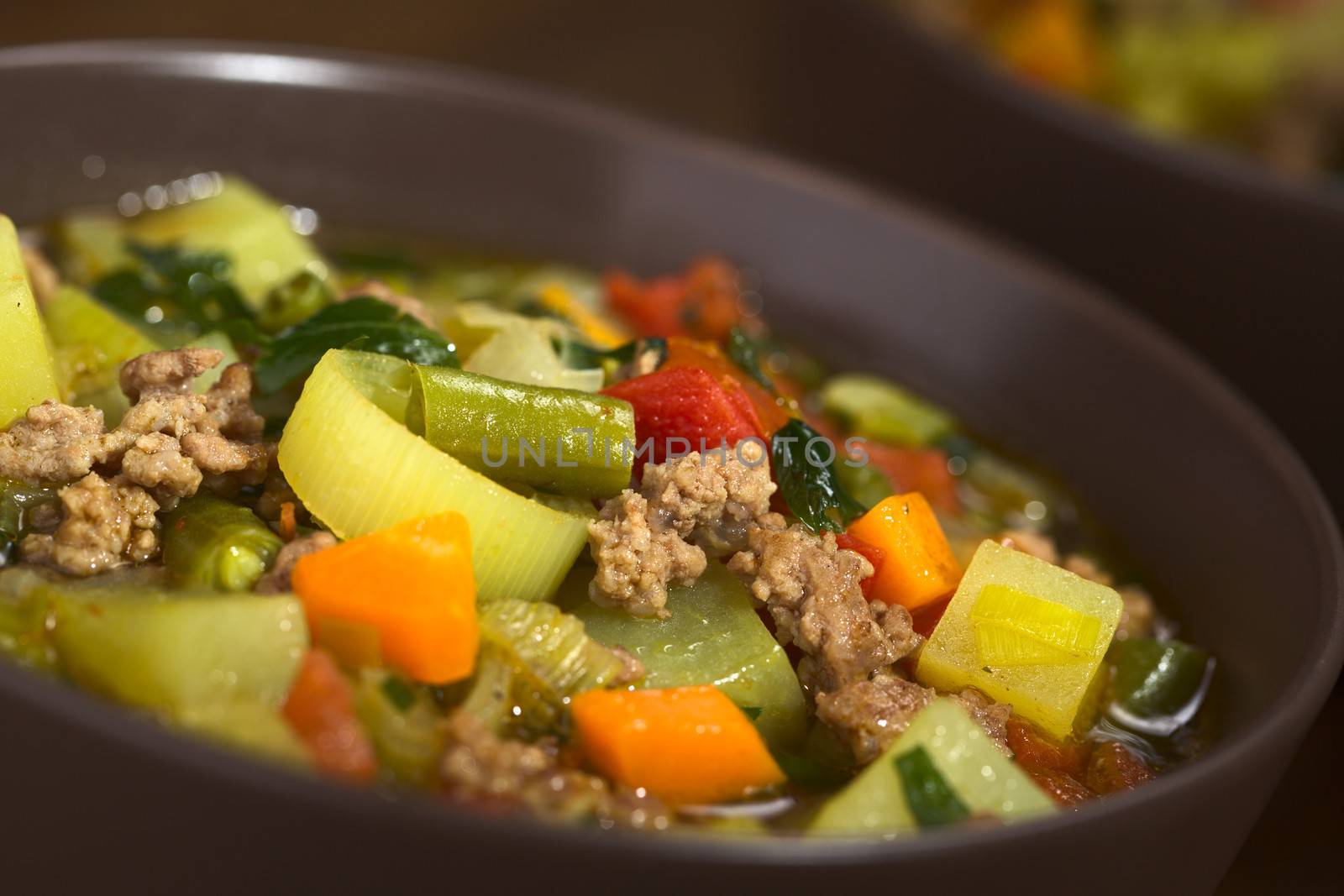 Vegetable soup with mincemeat, green bean, potato, leek, carrot, tomato and parsley served in brown bowl (Selective Focus, Focus in the middle of the soup) 