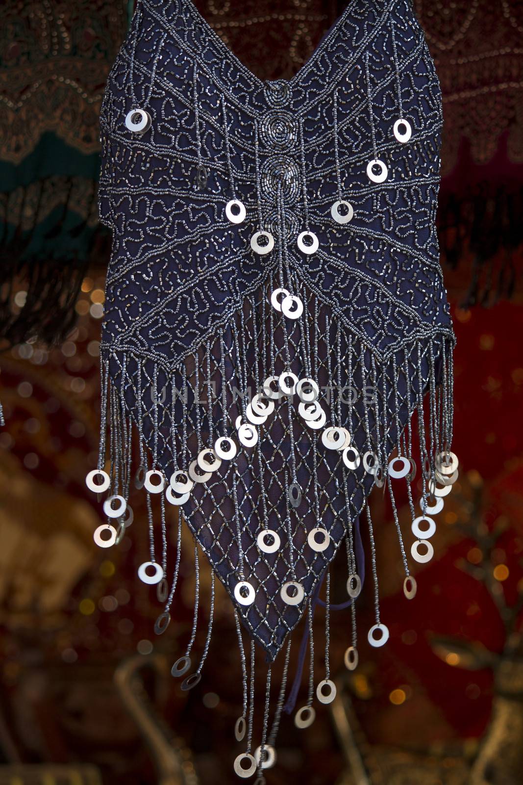 Close up view of a belly dancer clothing suit.