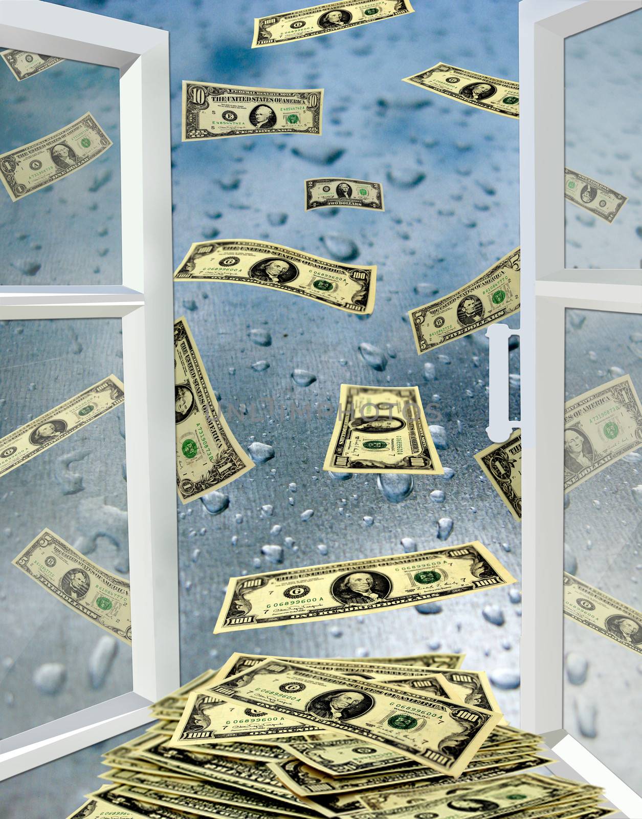 opened window to the surface with drops of water and dollars flying away