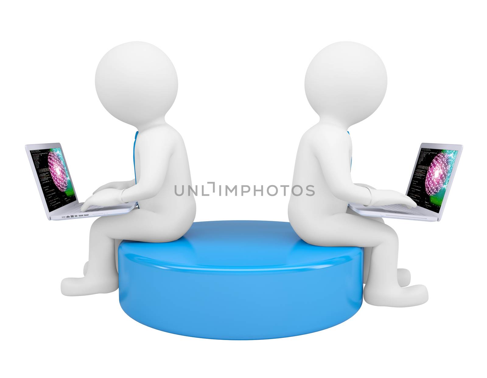 Two white 3d man sitting at laptops by cherezoff