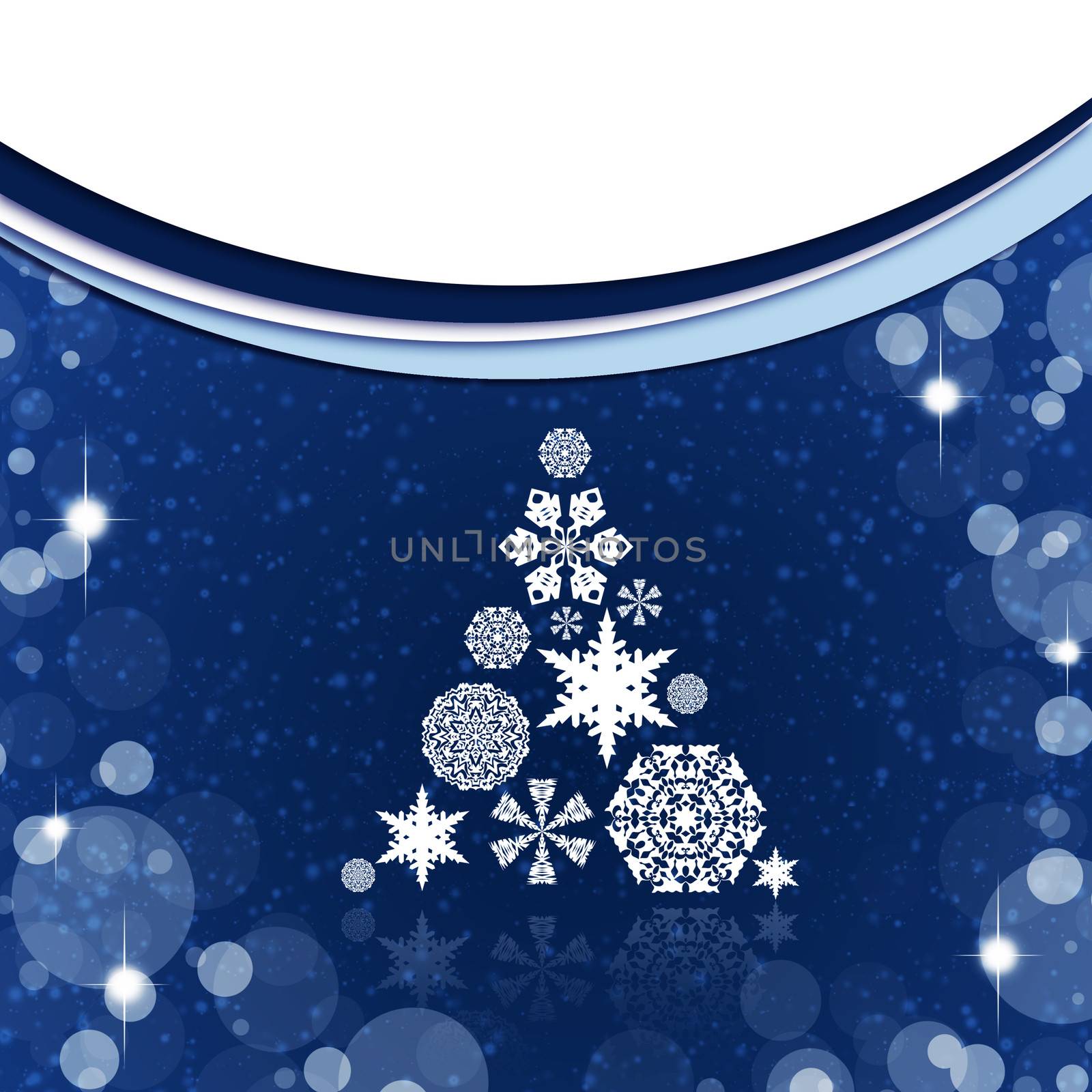 Christmas tree from white snowflakes on blue background