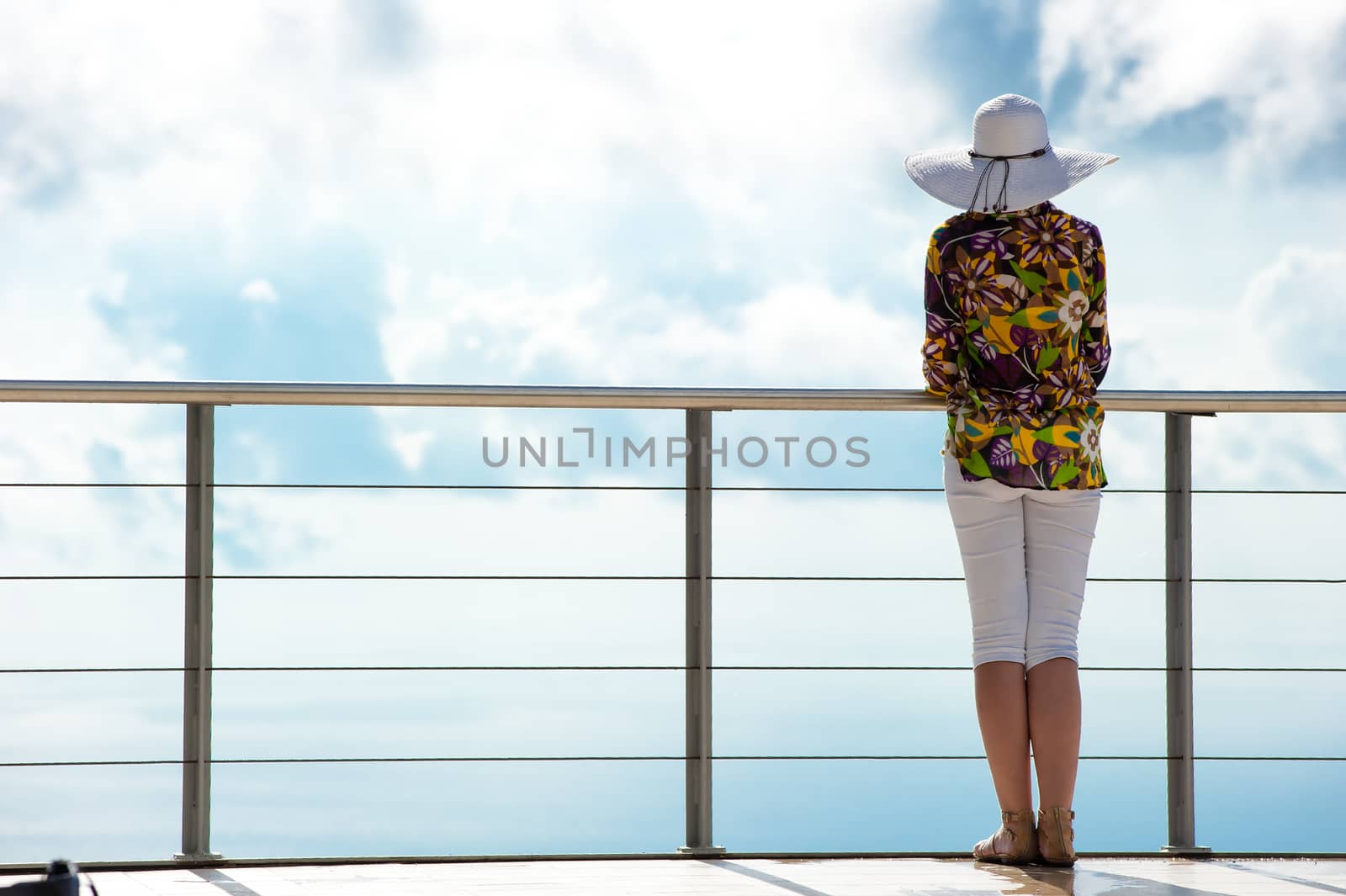 A woman admiring the view from the bird's flight.