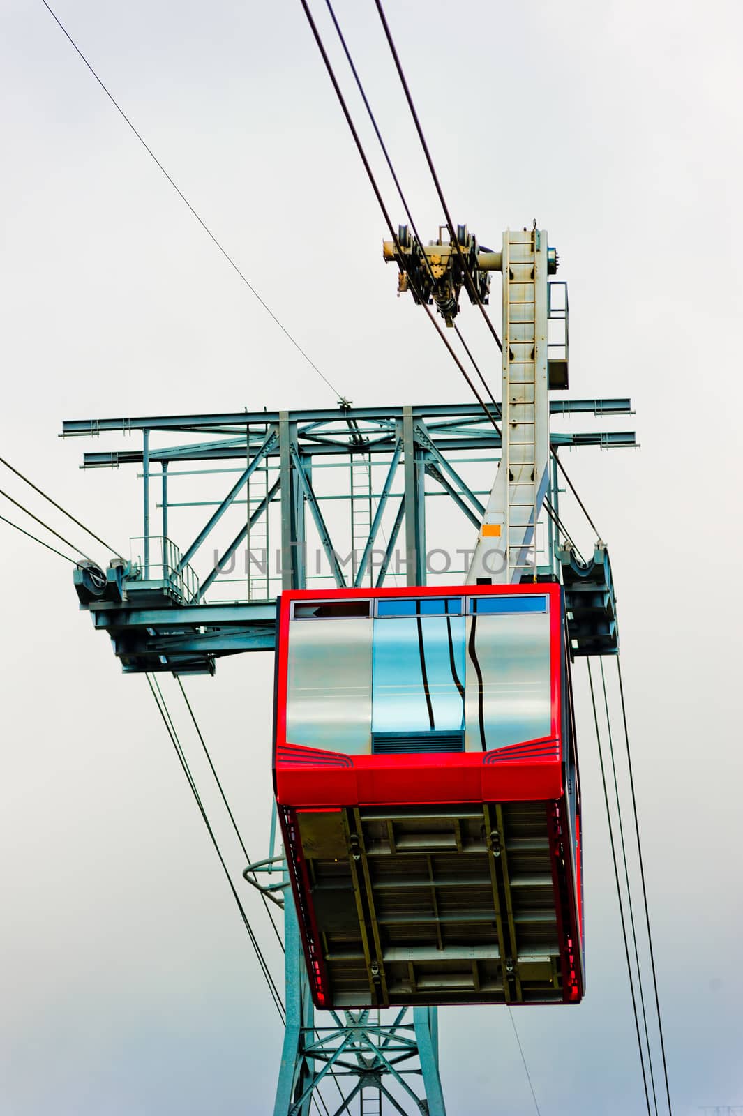 Red cabin of a chair lift at Mount Tahtalı. Turkey.
