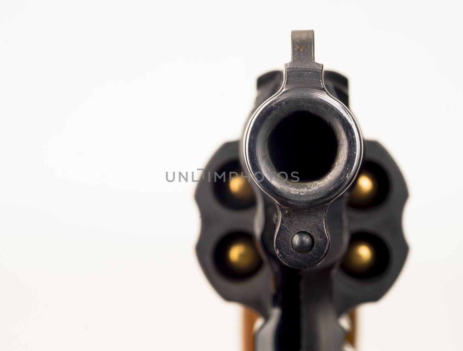 Close up Barrel Snub Nose Revolver Gun Weapon pointed at You