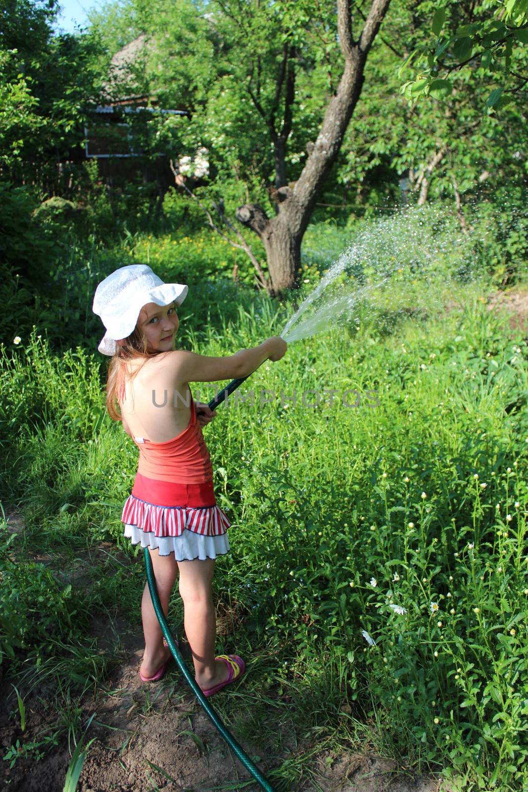 girl watering a kitchen garden by alexmak