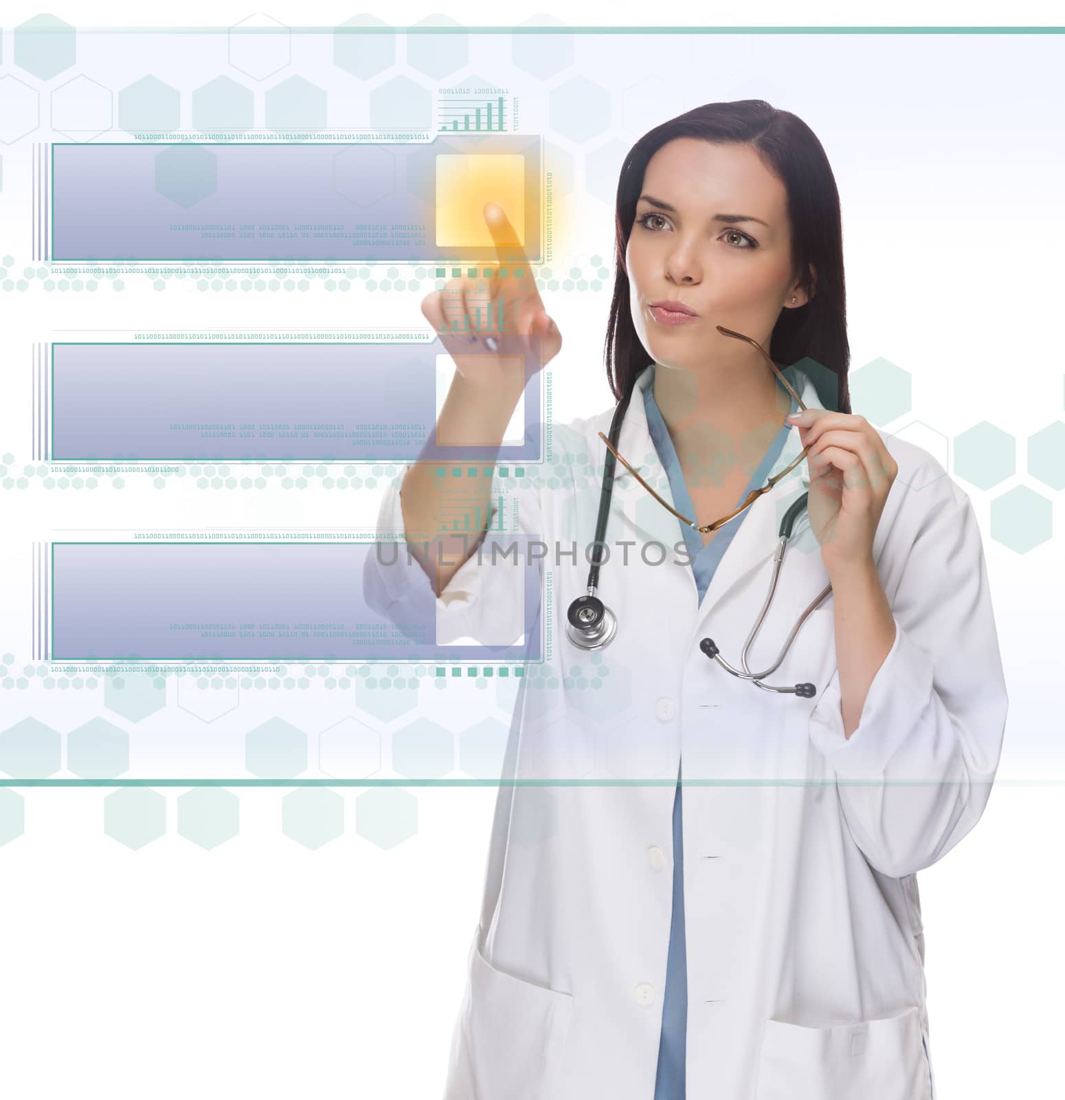 Female Doctor or Nurse Pushing Blank Button on Panel by Feverpitched