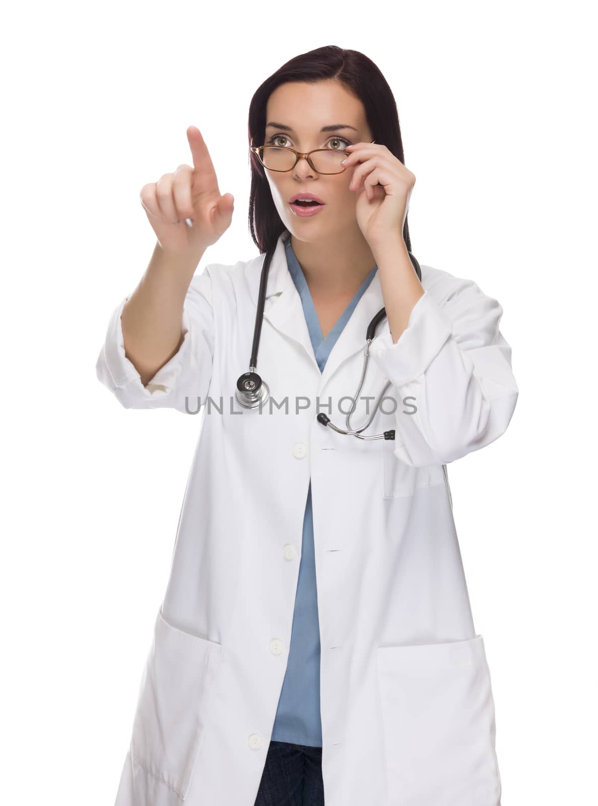 Female Doctor or Nurse Pushing Button or Pointing with Room For Your Own Button or Text Isolated on White.