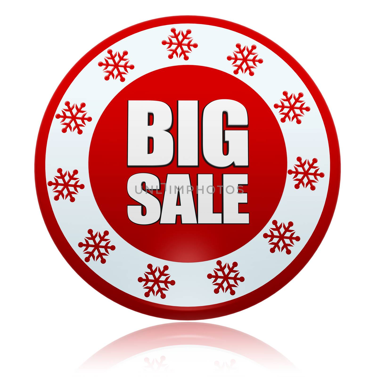 christmas big sale - 3d red circle banner with white text and snowflakes symbols, business holiday concept