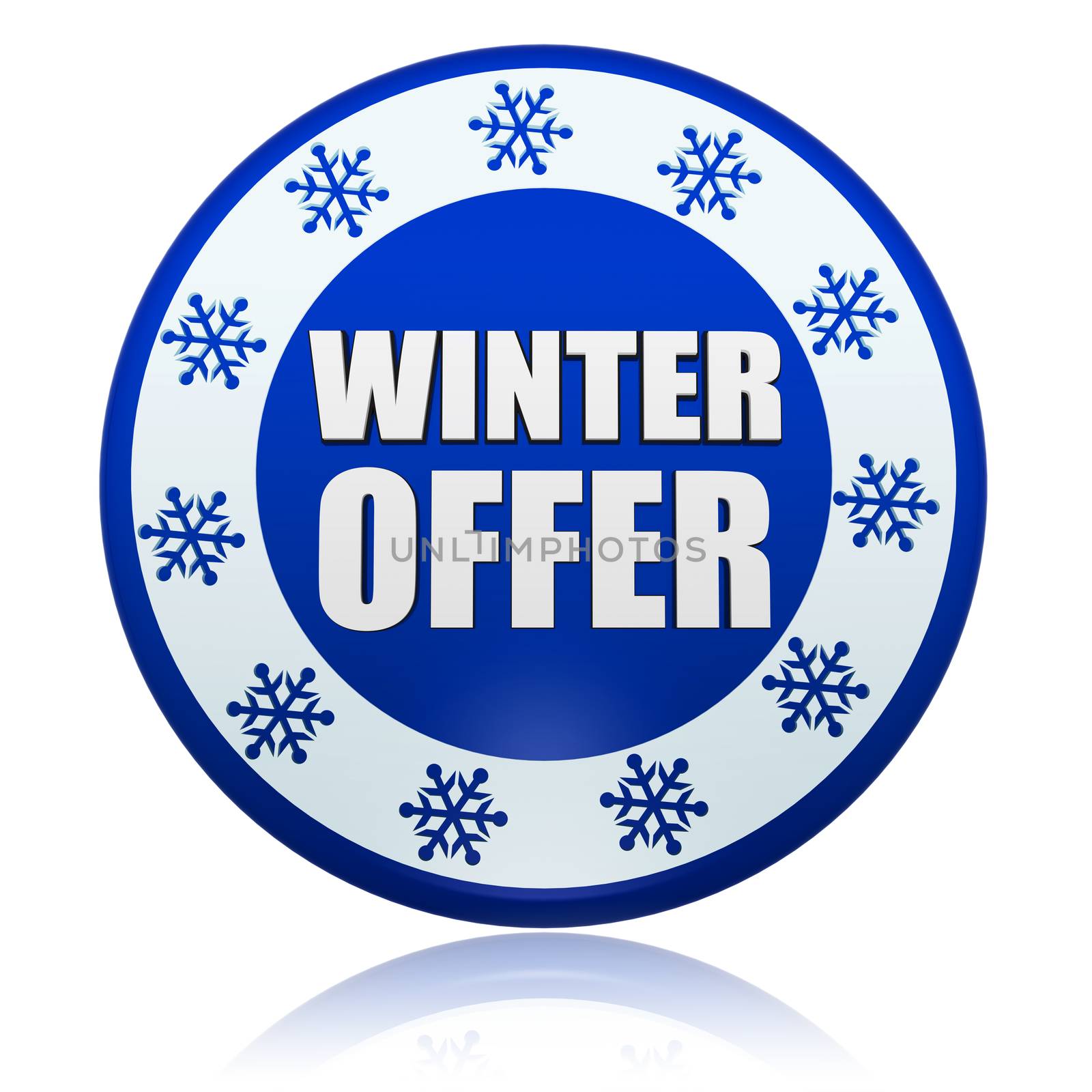 winter offer - 3d blue circle banner with white text and snowflakes symbols, business seasonal concept