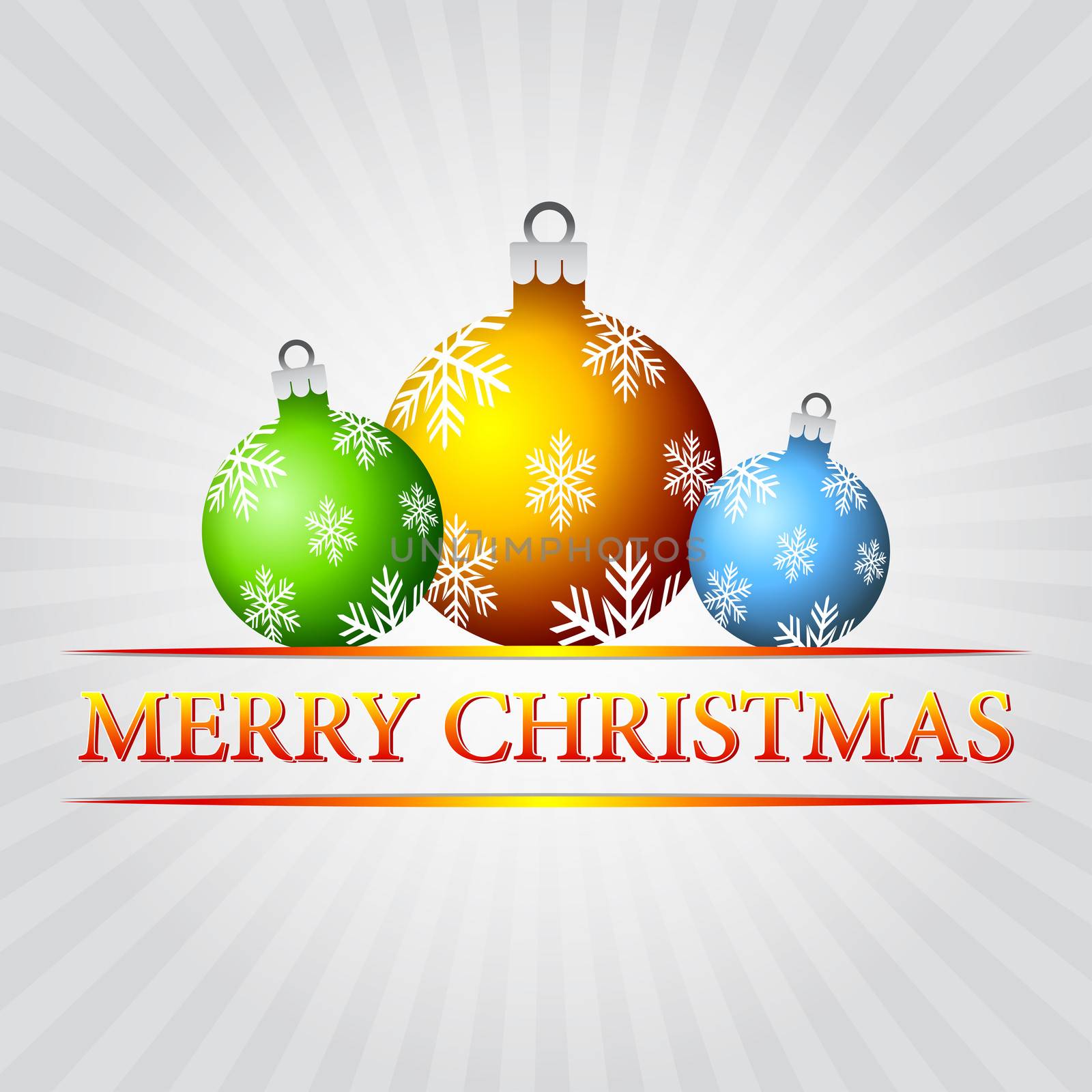 merry christmas - text with colorful christmas balls with snowflakes signs over silver grey rays
