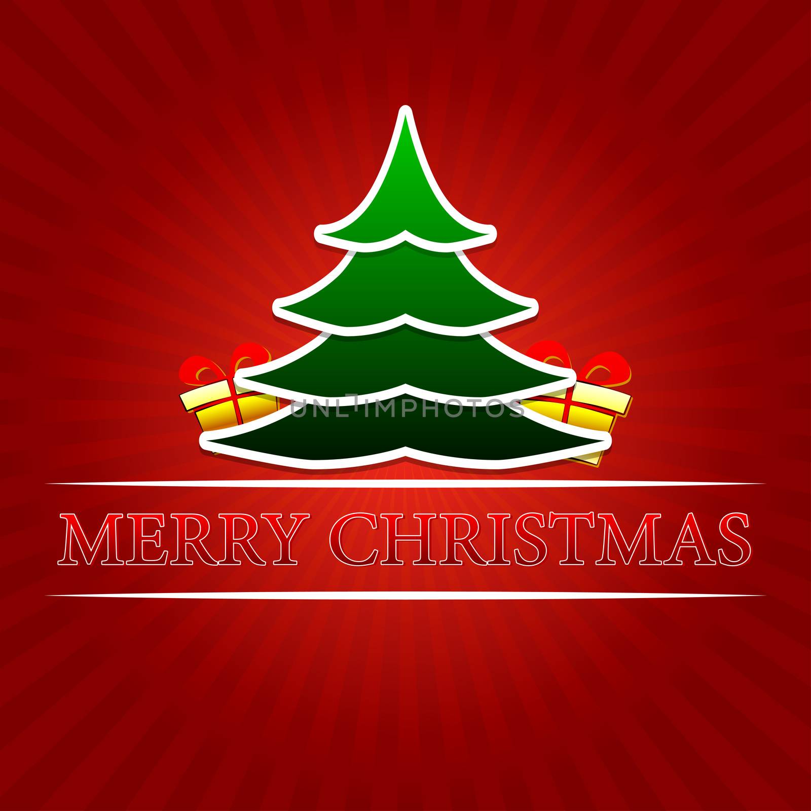 merry christmas - text with green christmas tree and golden gift boxes signs over red rays
