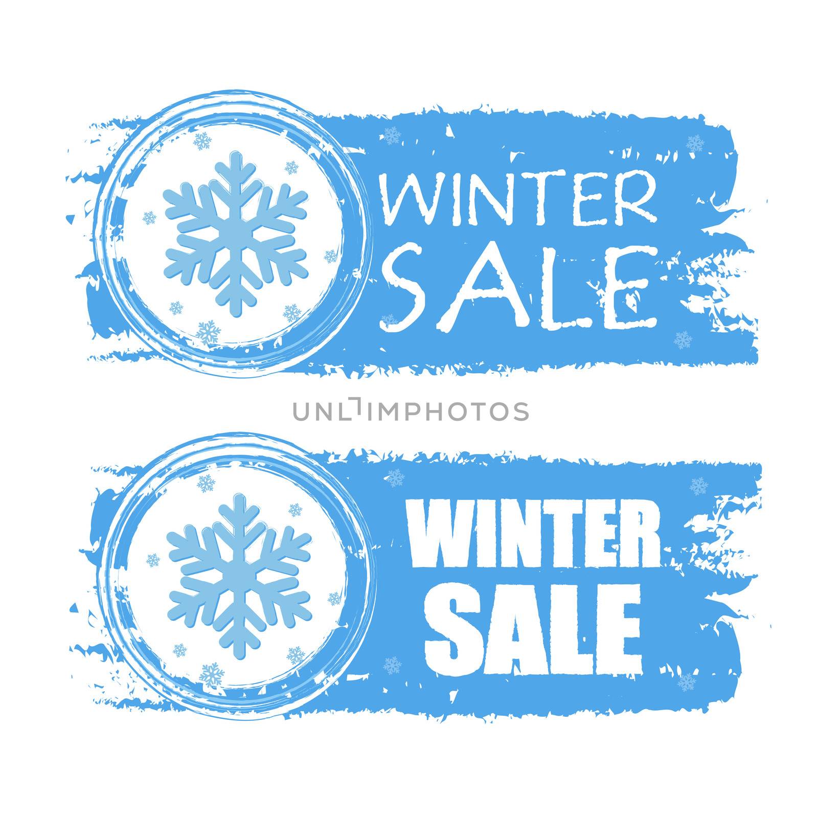 winter sale - text with snowflake sign on blue drawn banners, business seasonal concept