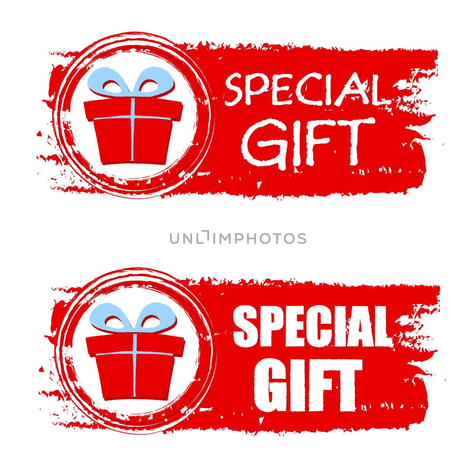 special gift - text and present box sign on red christmas drawn banner, business holiday concept