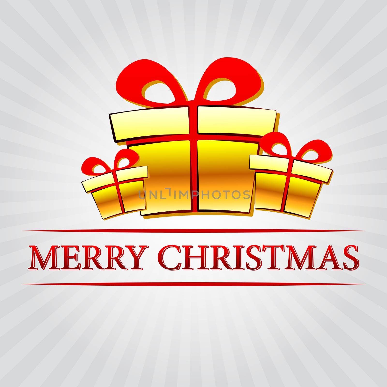 merry christmas - text with golden gift boxes signs over silver grey rays