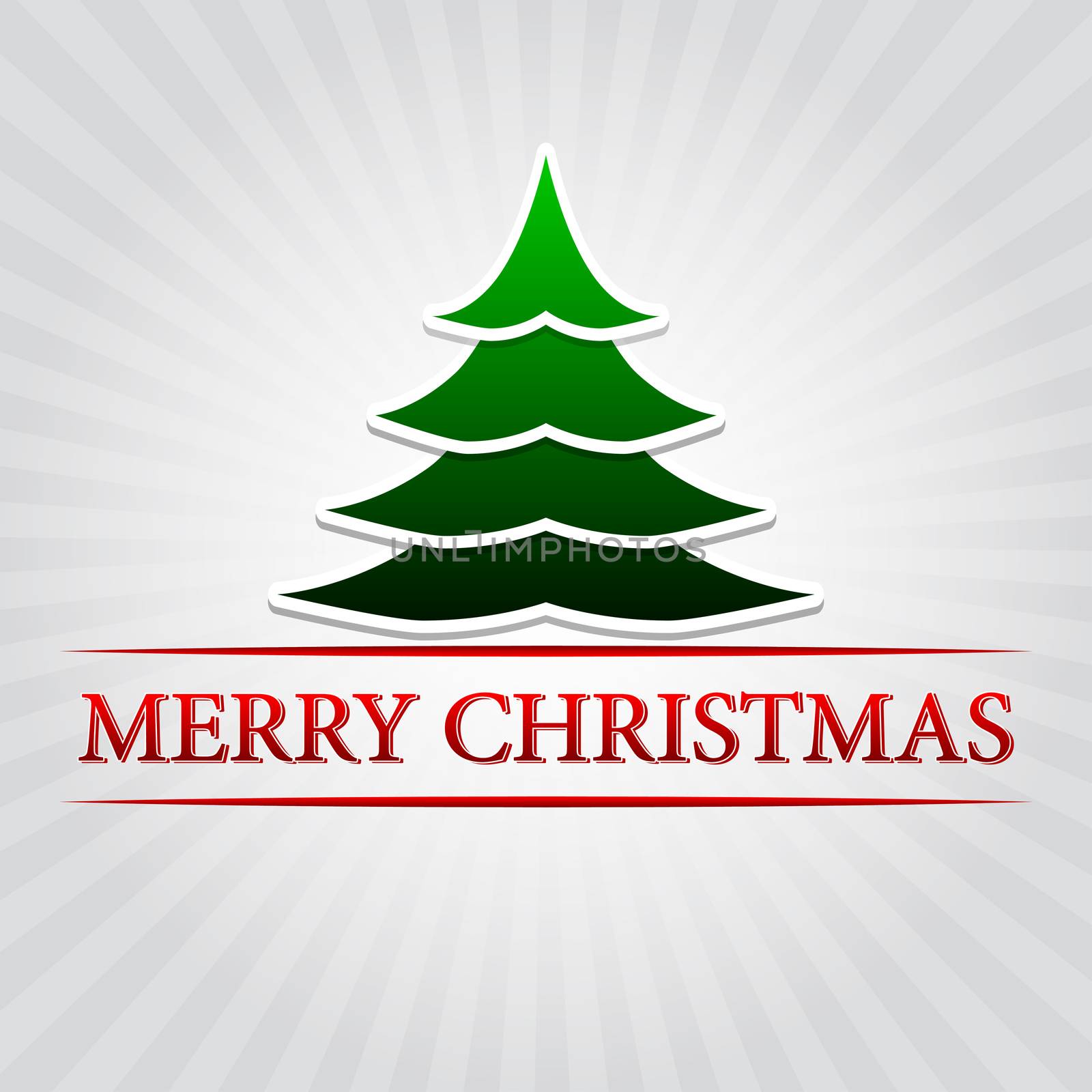 merry christmas - text with green christmas tree sign over silver grey rays