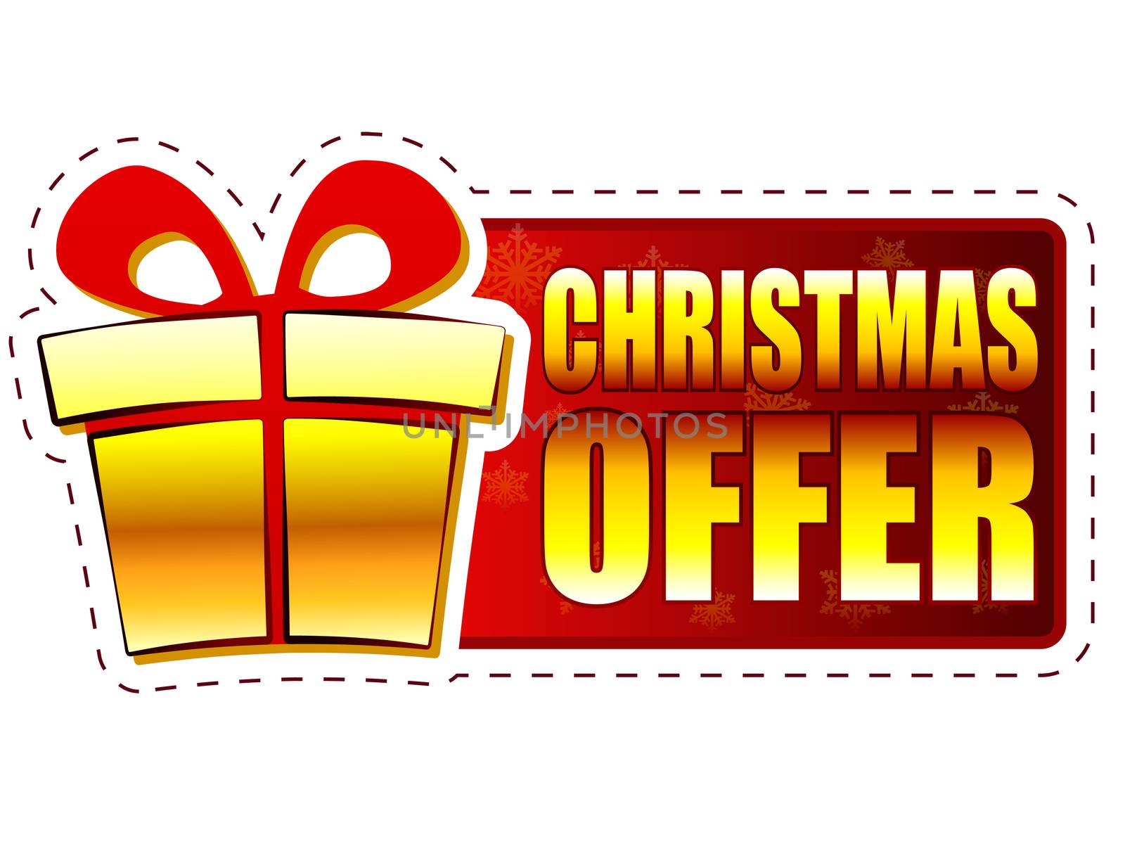 christmas offer - text and gift box sign on red banner with snowflakes, business holiday concept