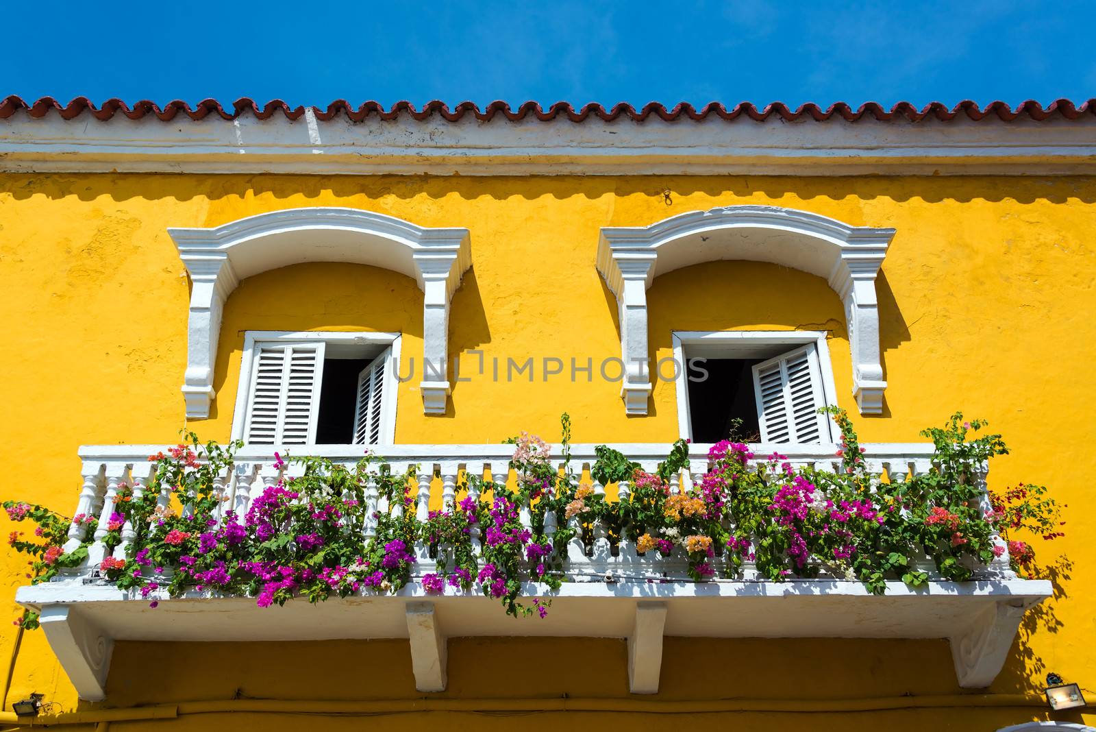 Historic yellow and white balcony in Cartagena, Colombia with colorful flowers