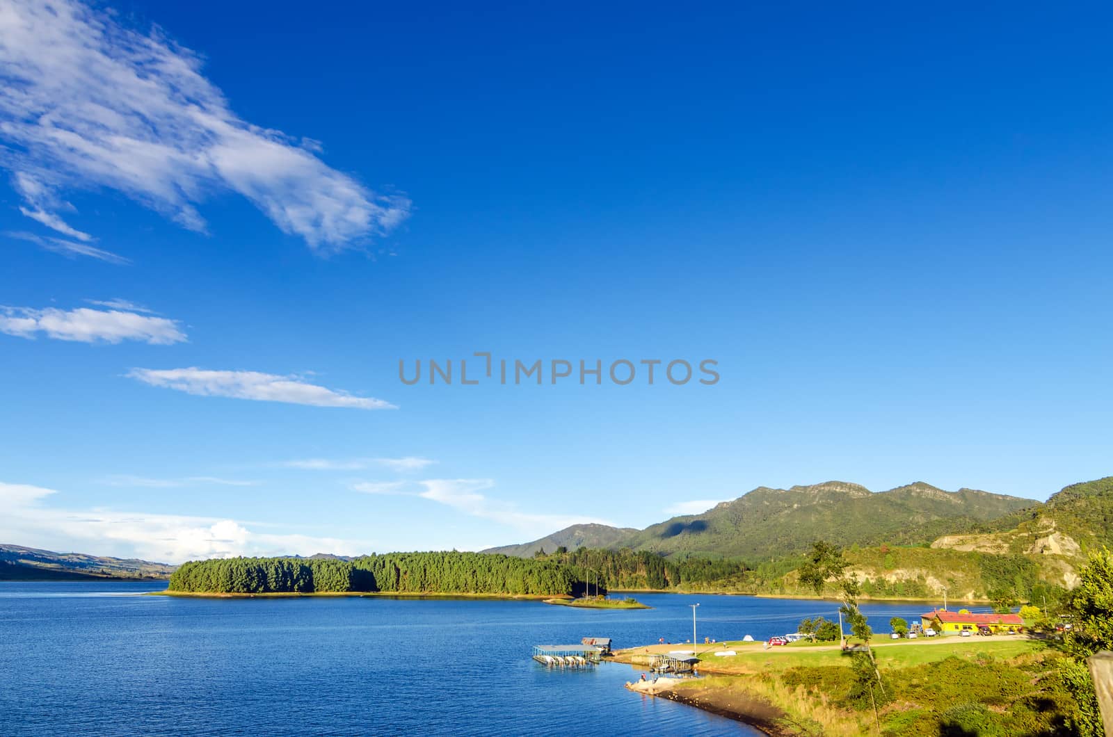 Blue water and sky of Neusa Lake in Cundinamarca, Colombia