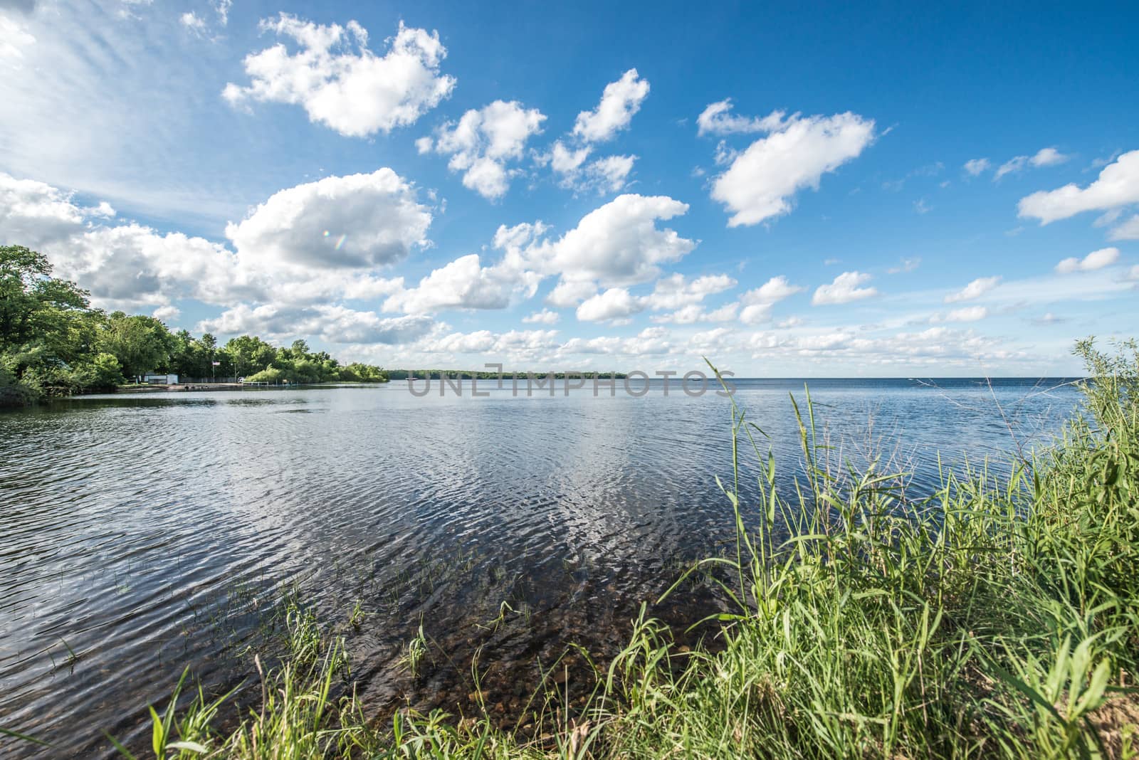 Beautiful landscape of quiet lake and shore during the summer