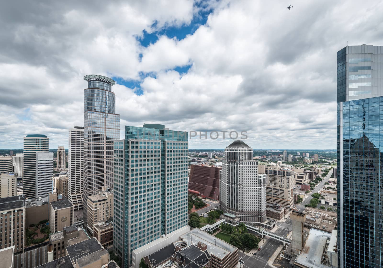 Cityscape of downtown Minneapolis Minnesota and surrounding urban during a sunny day