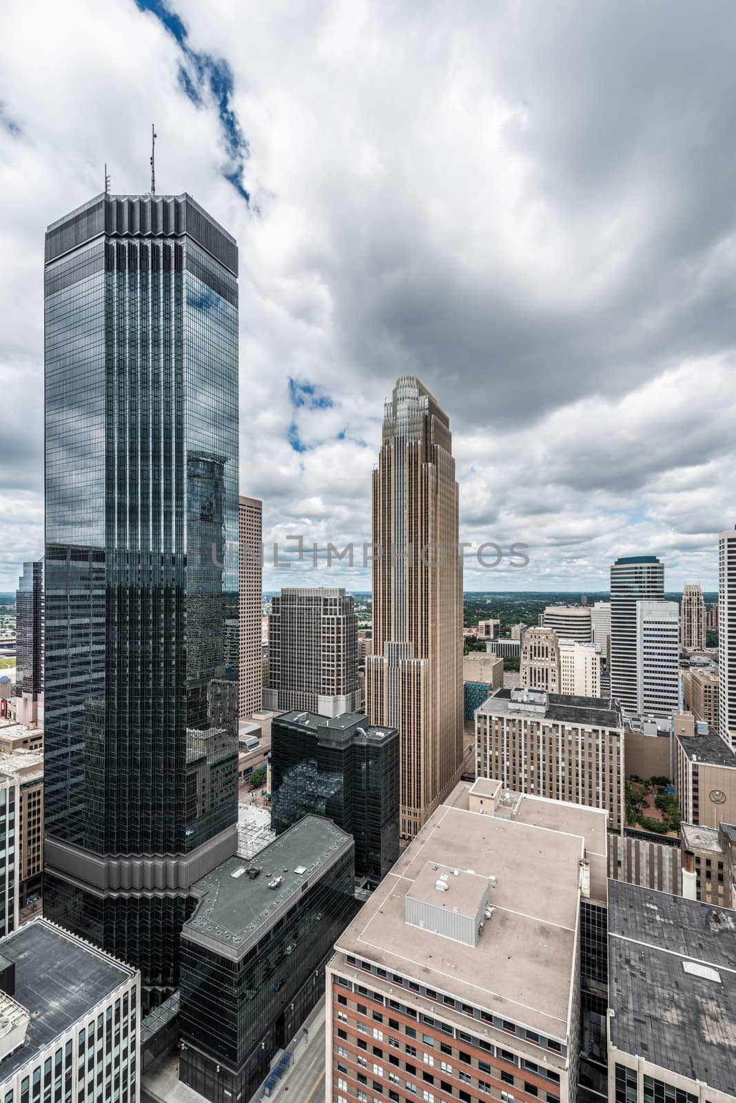 Cityscape of downtown Minneapolis Minnesota and surrounding urban during a sunny day