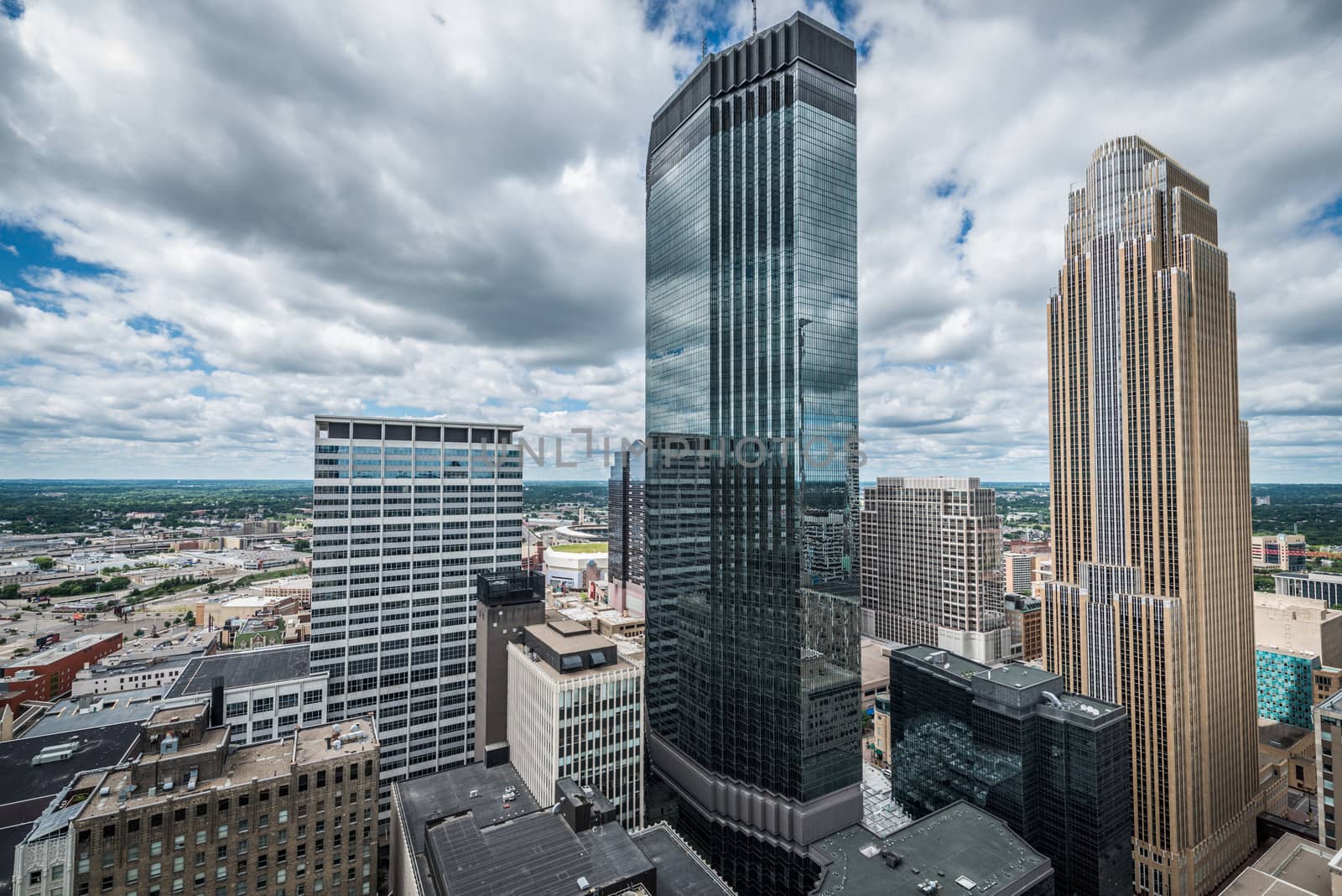 Cityscape of downtown Minneapolis Minnesota and surrounding urban during a sunny day