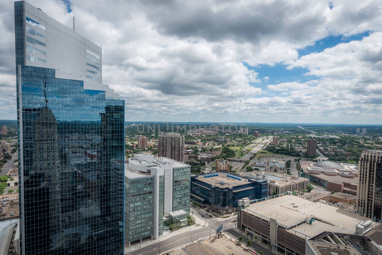 Cityscape of downtown Minneapolis Minnesota and surrounding urban during a sunny day