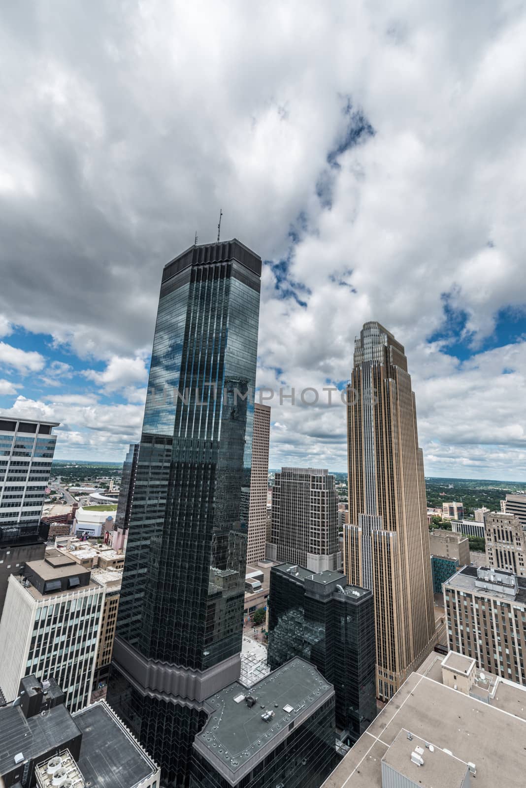 Cityscape of downtown Minneapolis Minnesota and surrounding urban during a sunny day