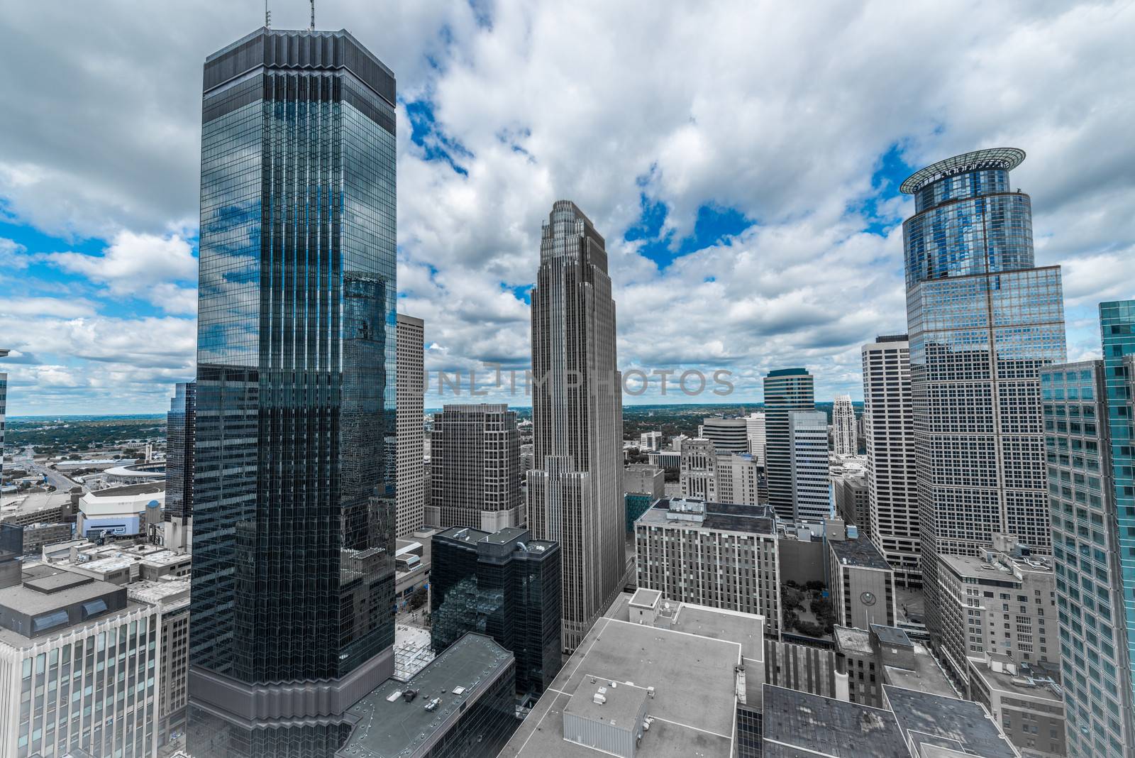 Cityscape of downtown Minneapolis Minnesota and surrounding urban during a sunny day