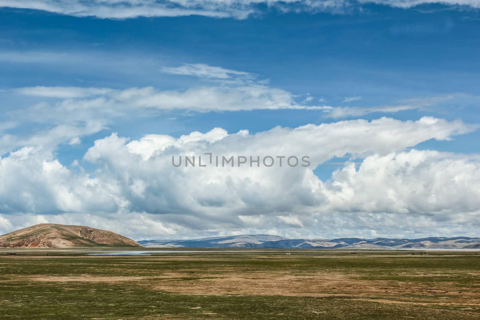 Landscape with high altitude lake cloud and mountains during a sunny day