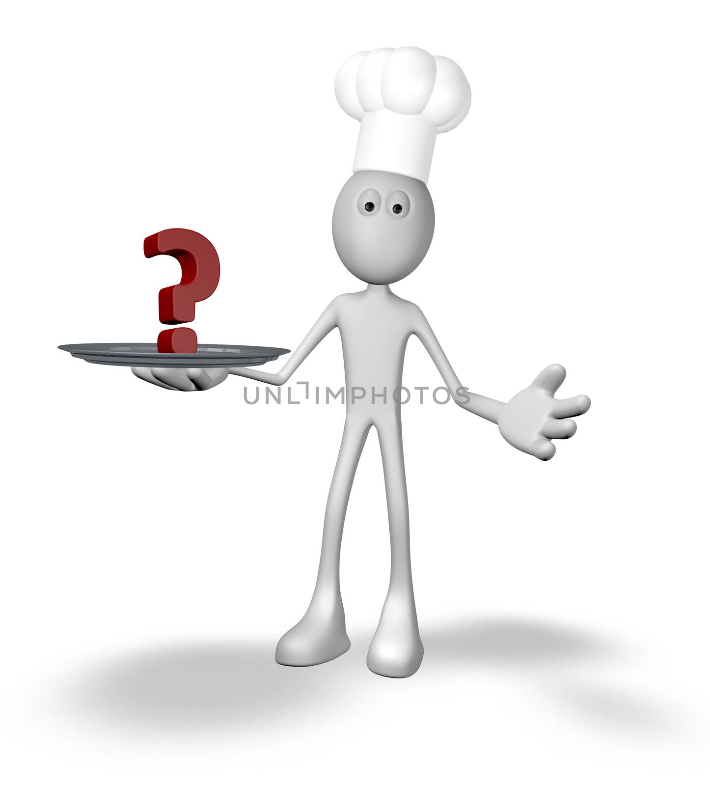 cartoon cook with question mark on plate - 3d illustration