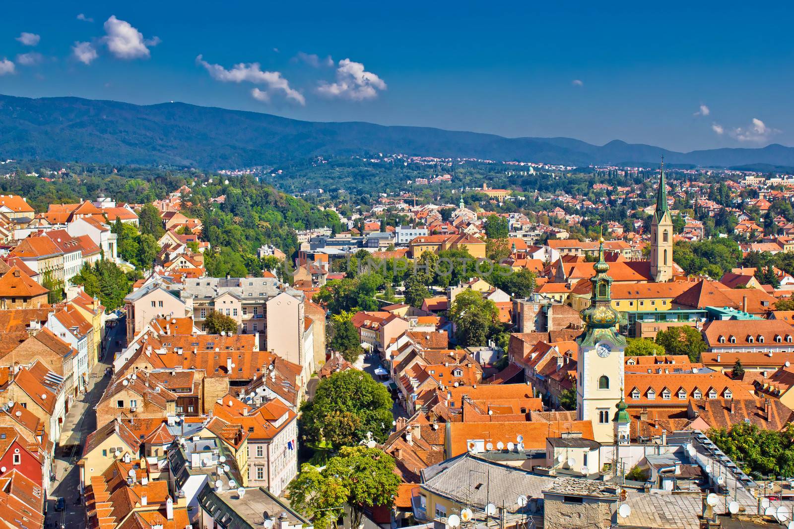 Zagreb, Capital of Croatia aerial view - colorful rooftops and church towers