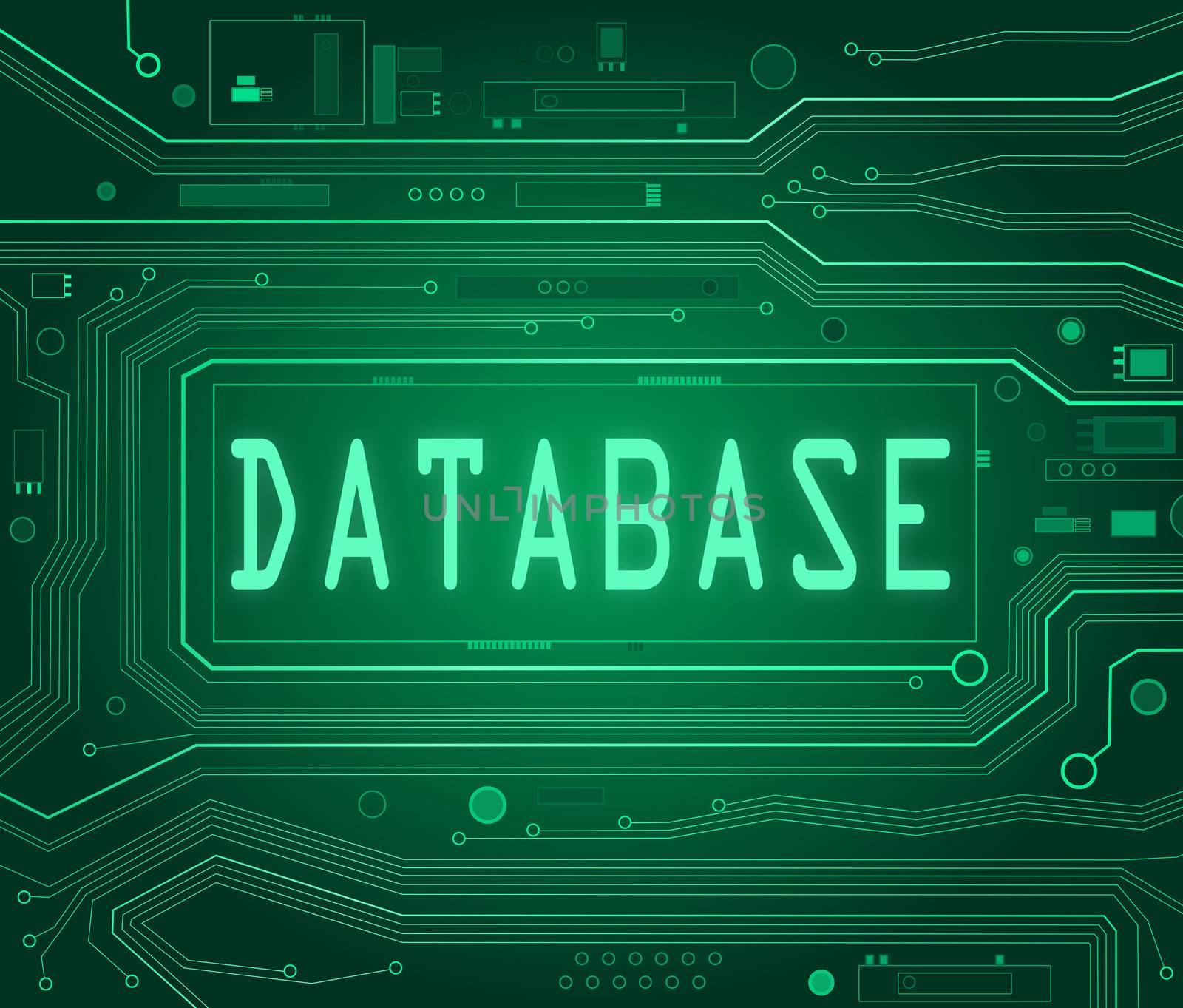 Abstract style illustration depicting printed circuit board components with a database concept.