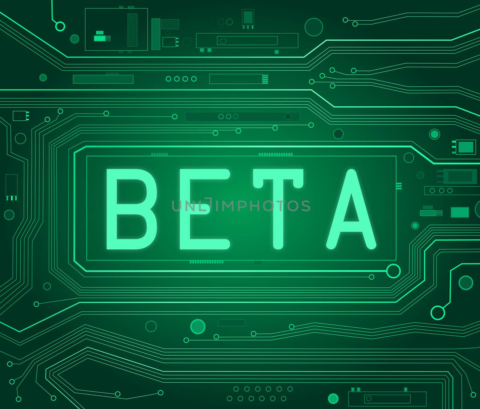 Abstract style illustration depicting printed circuit board components with a beta concept.