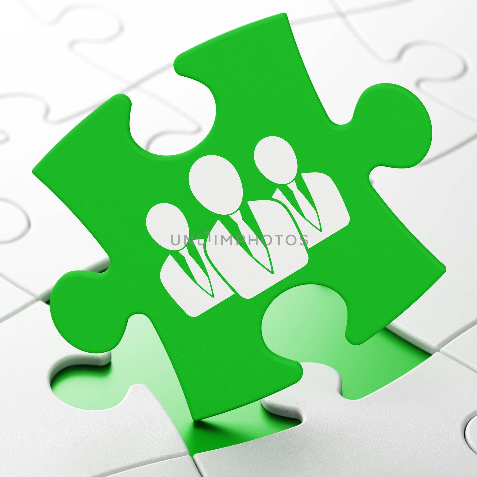 Advertising concept: Business People on Green puzzle pieces background, 3d render