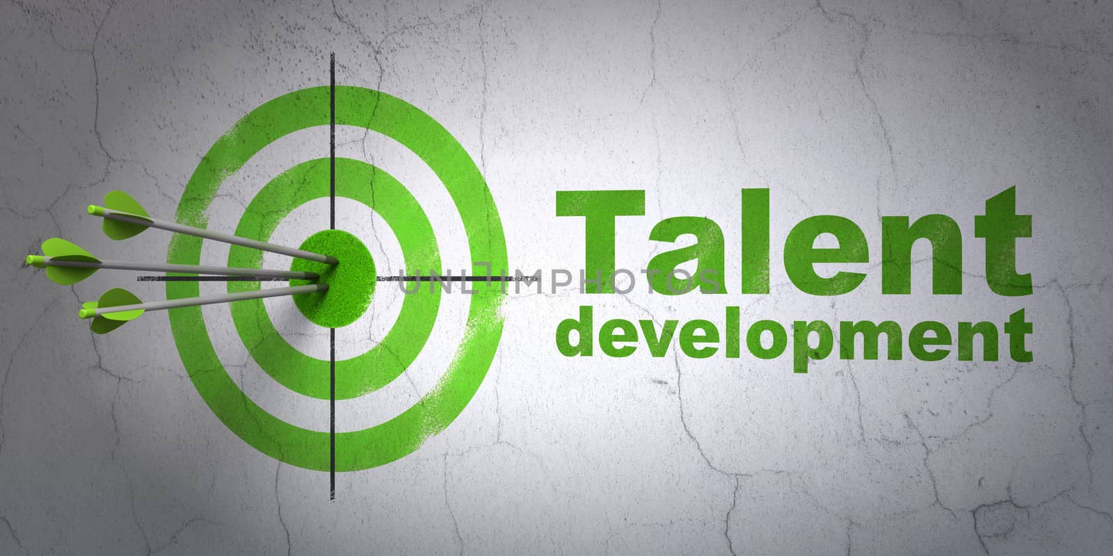 Success Education concept: arrows hitting the center of target, Green Talent Development on wall background, 3d render