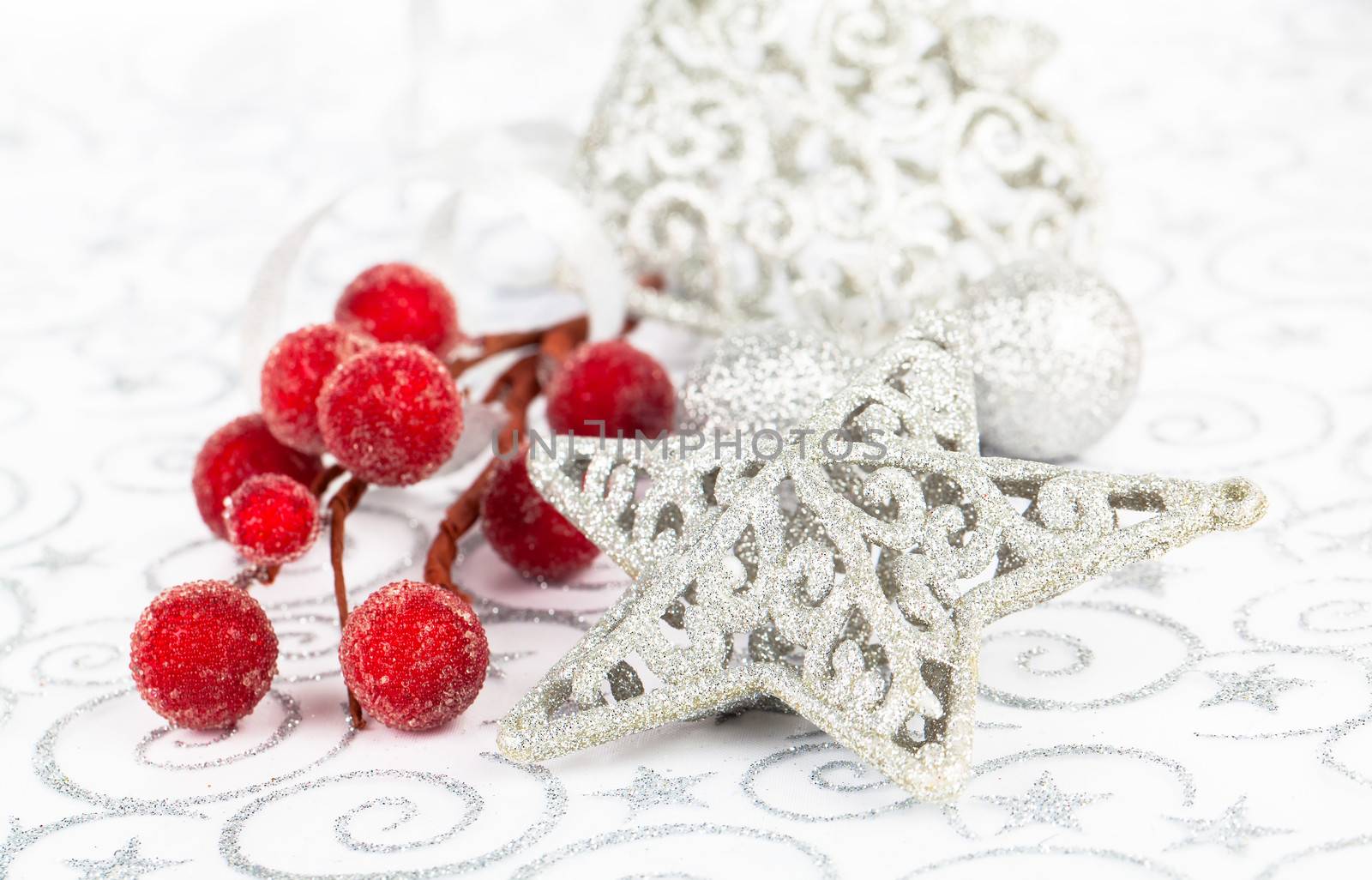 Bright christmas star with xmas decoration with copy space, on on white background
