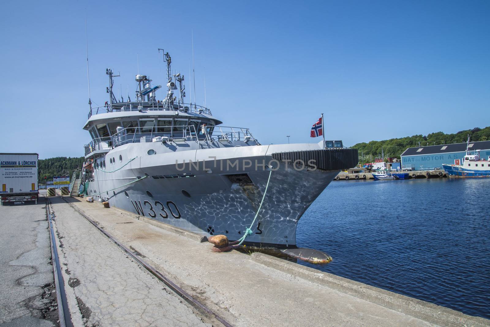 KV-Nornen, W 330 moored to the dock at the port of Halden, Norway