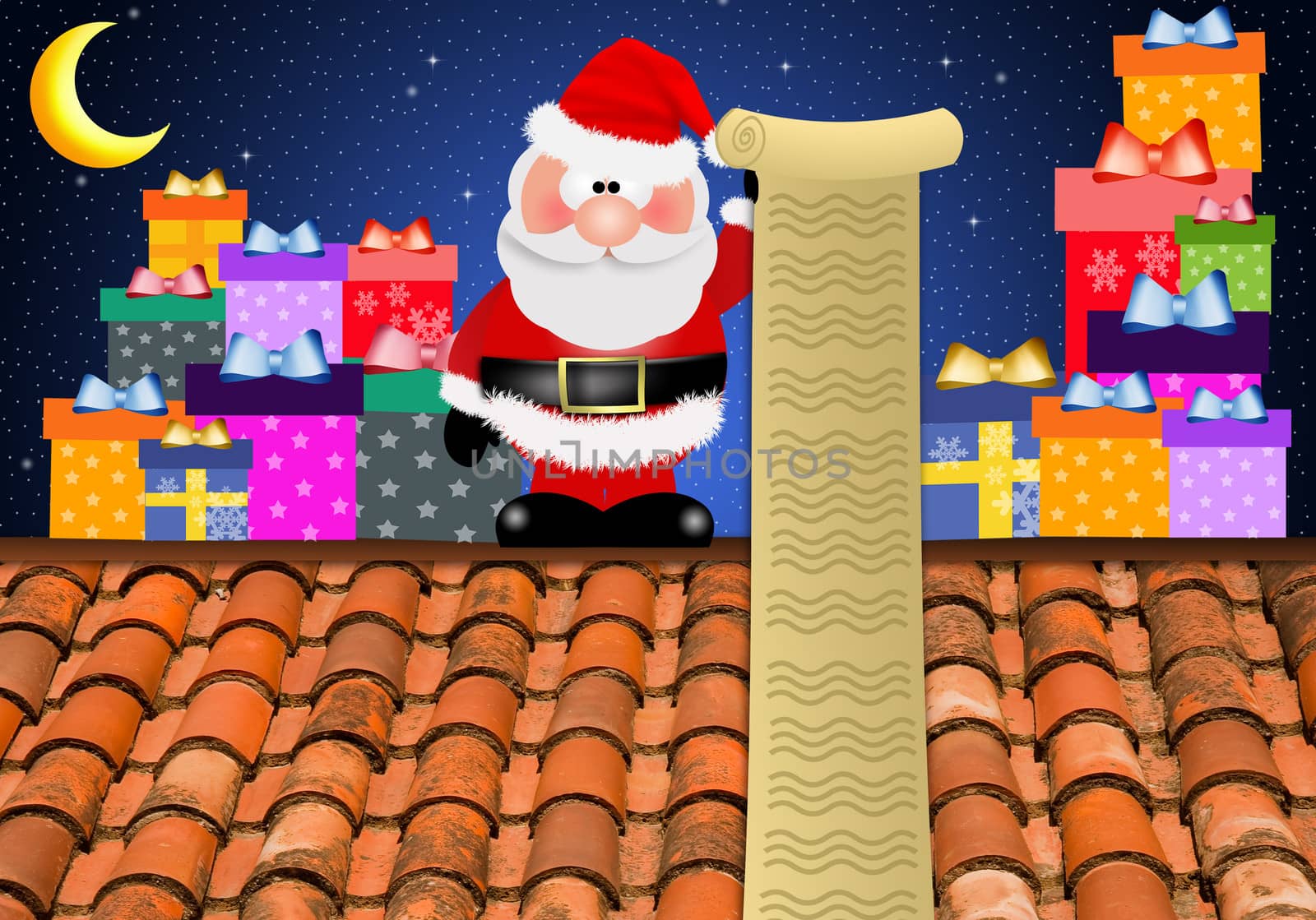 Santa on roof with gifts by sognolucido