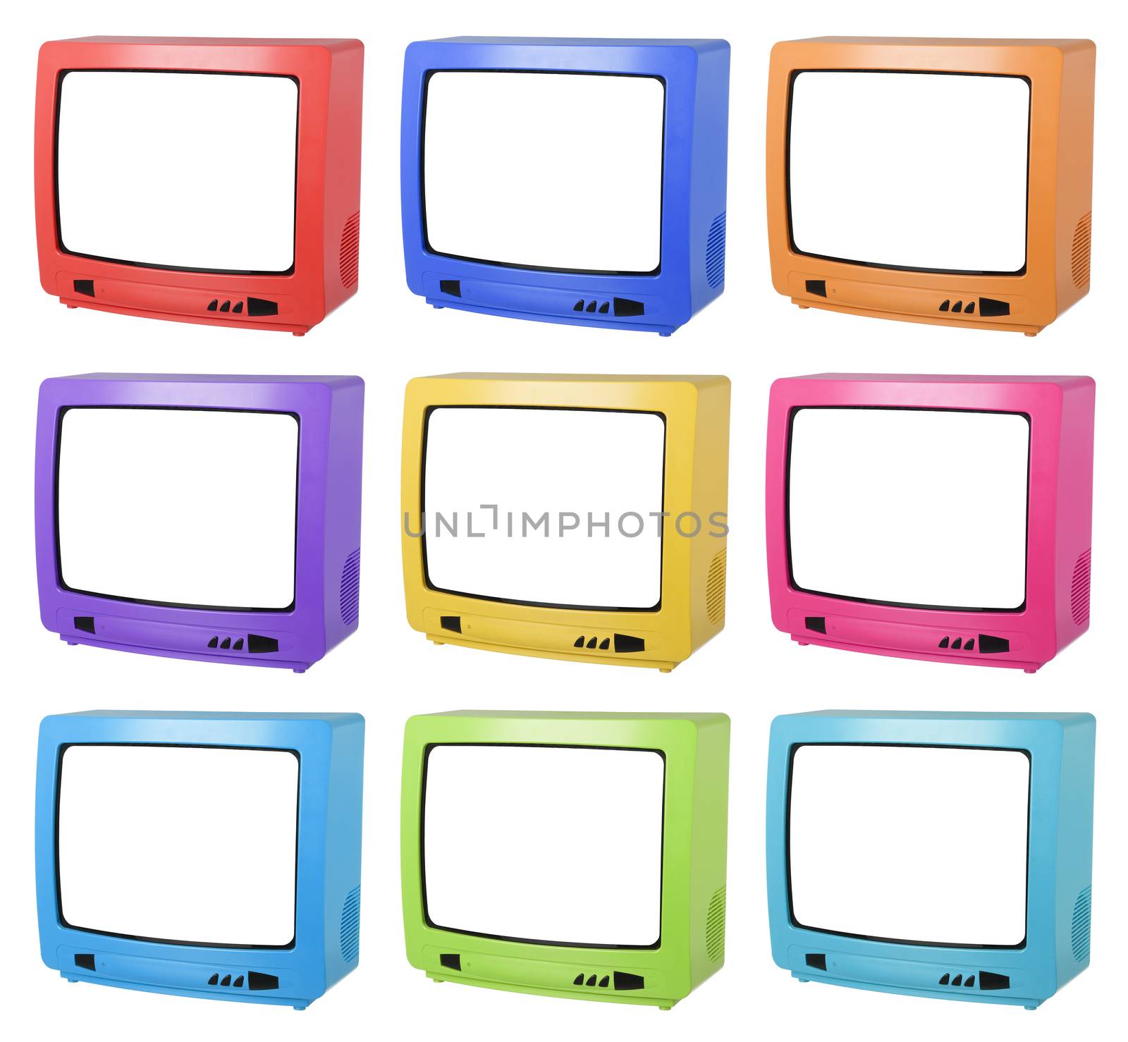 Collage of colored TV isolated on white background