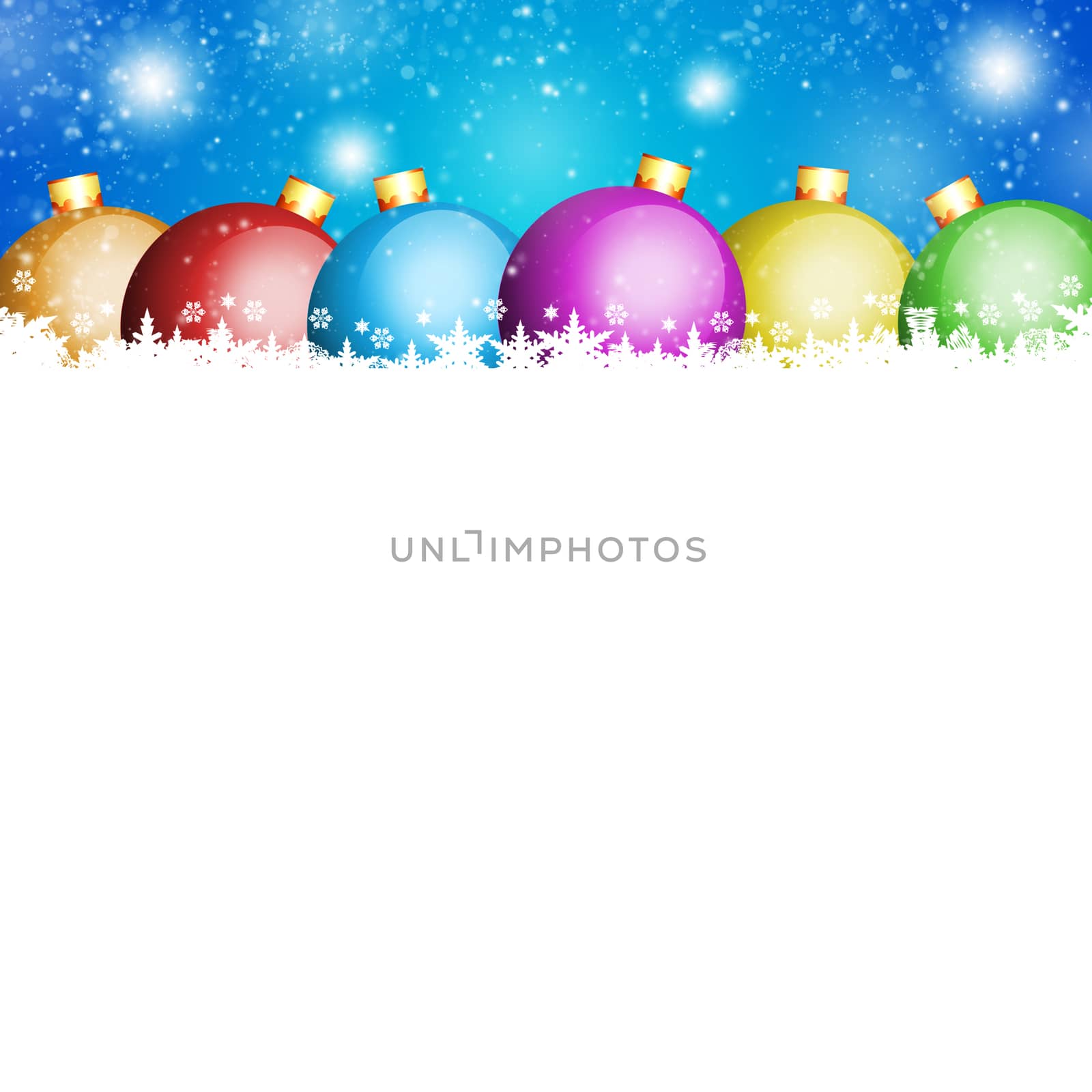 Christmas balls and white snowflakes on a blue background