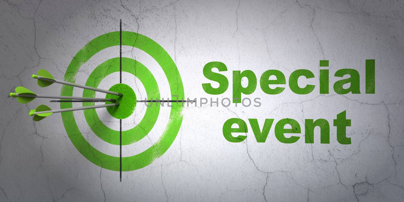 Success business concept: arrows hitting the center of target, Green Special Event on wall background, 3d render