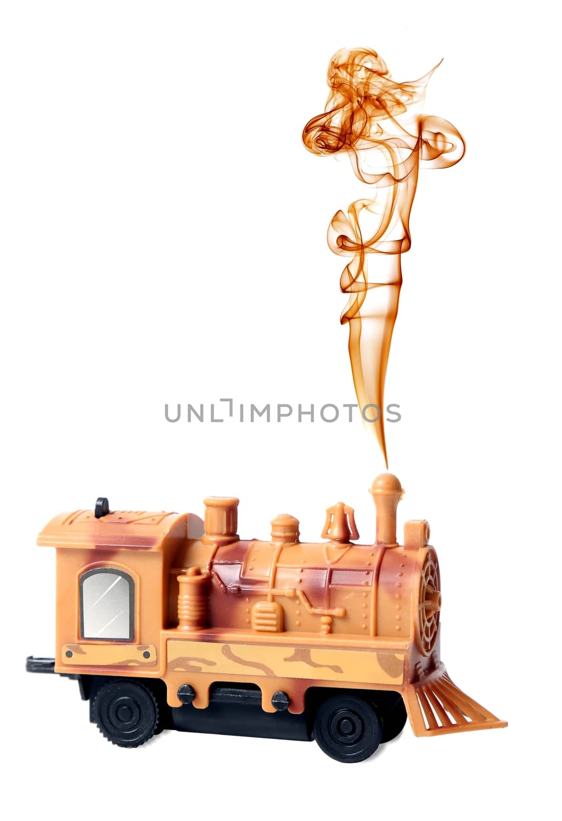 Toy steam engine or locomotive with chimney smoke