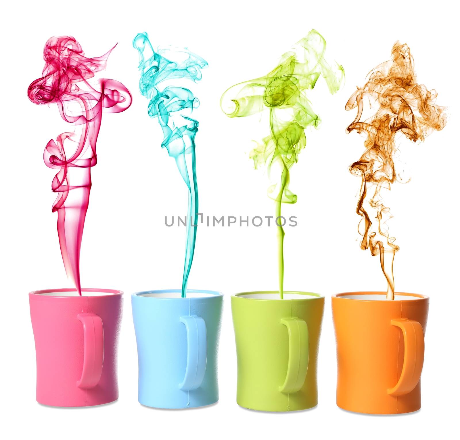 Coffee or beverage cups of different colors with matching color steam