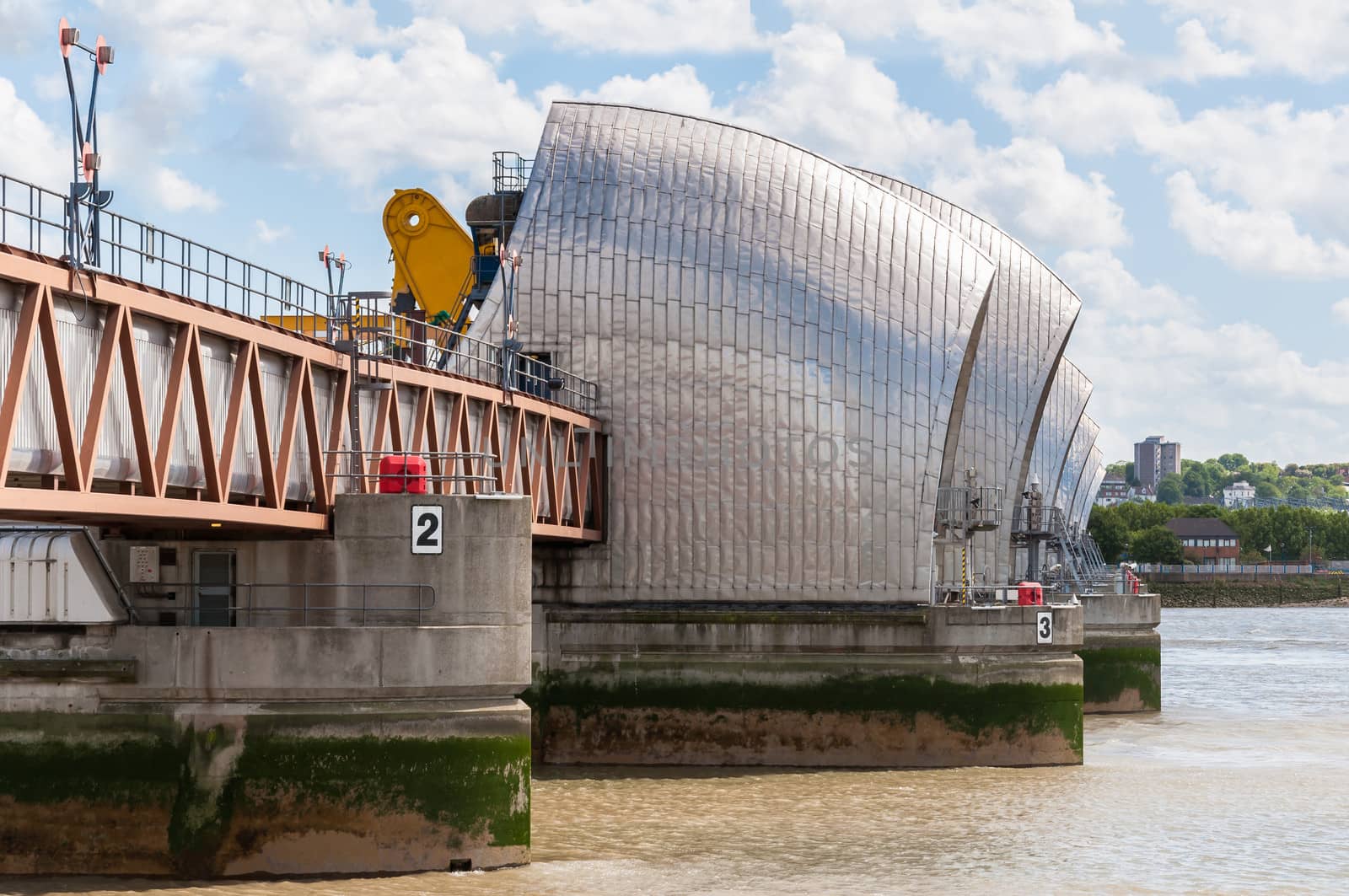 The Thames Barrier - close up of movable flood barrier in eastern London, United Kingdom